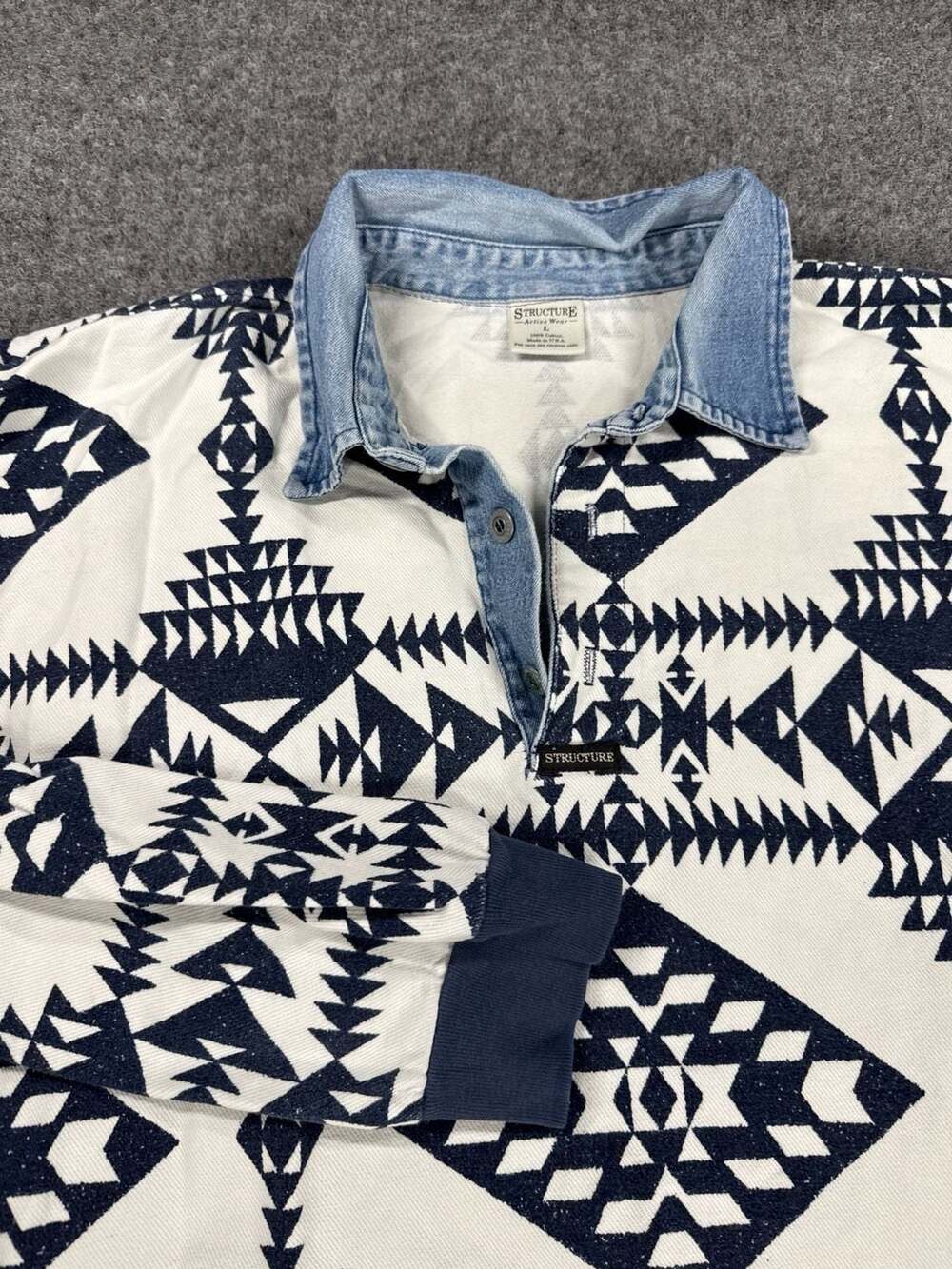 Vintage 90s Structure Aztec Print Long Sleeve Rugby Polo Denim Collar